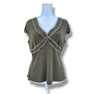 Studio M Y2K Olive Green Twist Front Top M Contrast Trim Whimsygoth Fairy Grunge